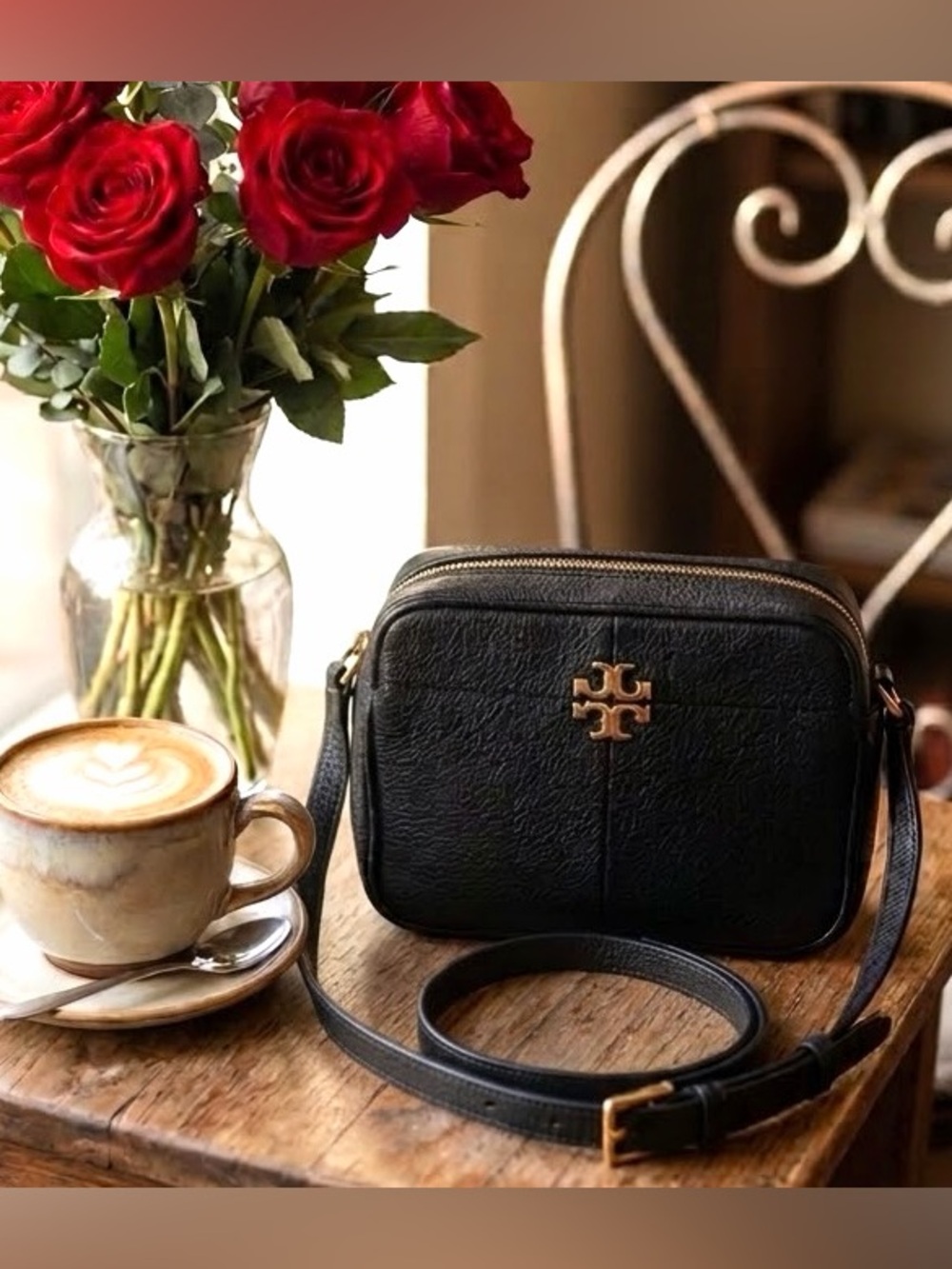Tory Burch Ivy Micro Zip Crossbody Bag Black Pebbled Leather Gold Logo